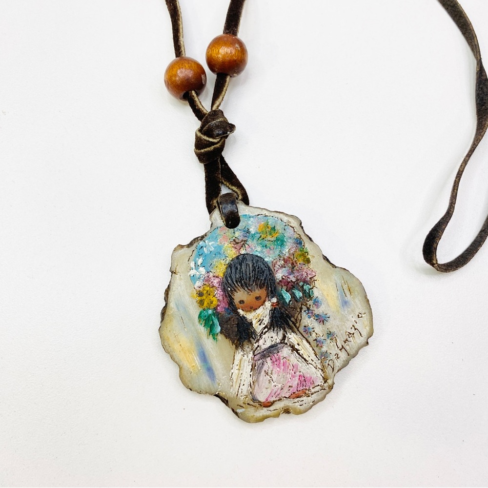 Vintage 1970’s DeGrazia Flower Child Hand Painted Leather Cord Necklace